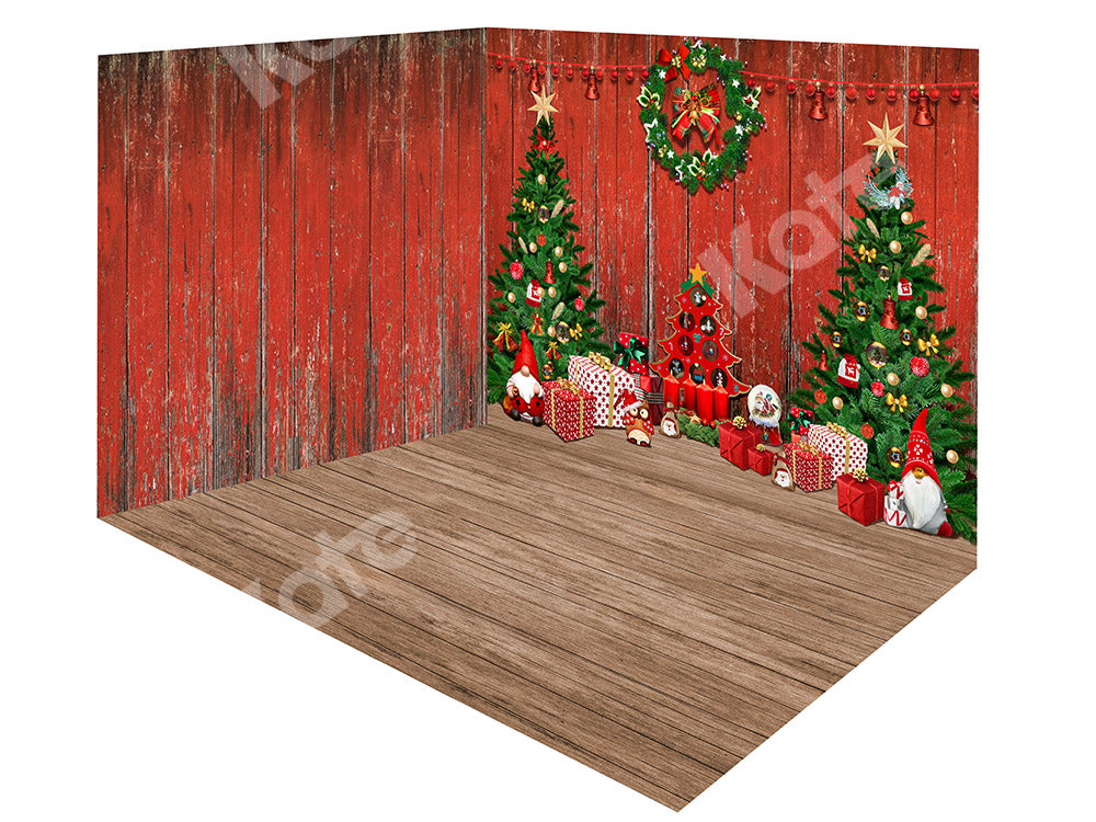 Kate クリスマスツリーの木製の赤い壁の背景の部屋セット 設計されたEmetselch