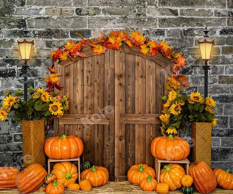 kate秋のカボチャの背景レンガの納屋のドア