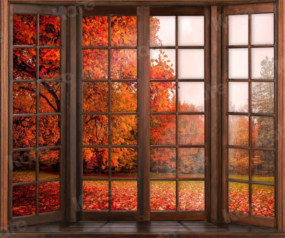 写真撮影のための窓の外のKateつの秋の落ち葉の背景
