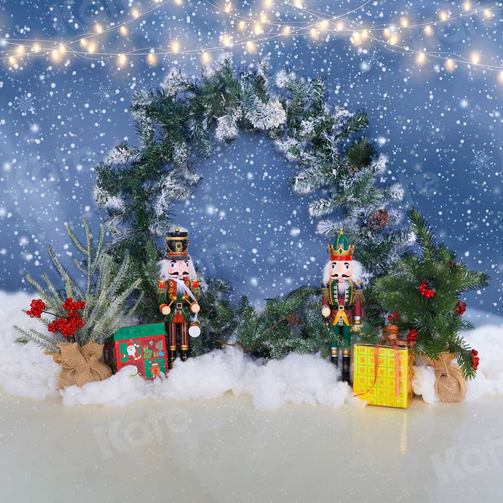 kateクリスマス冬の背景写真撮影のための雪の花輪のおもちゃの兵士