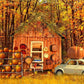 写真撮影のためのkate秋のカボチャ車の背景ウッドハウス