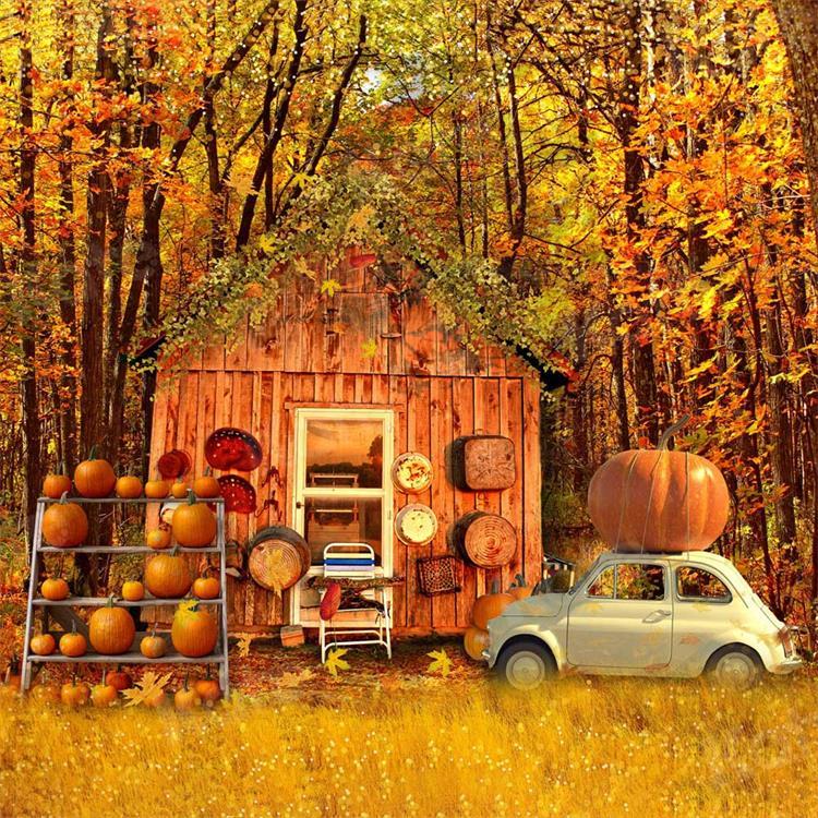 写真撮影のためのkate秋のカボチャ車の背景ウッドハウス