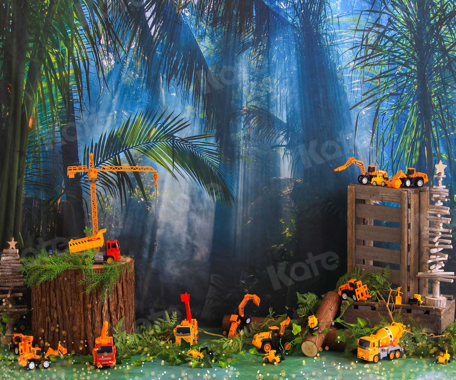 写真撮影のためのkateジャングルの森の背景のおもちゃの車の建設